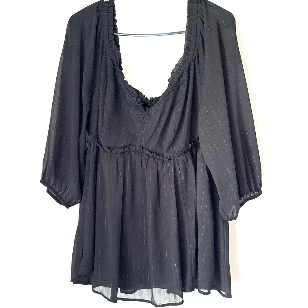 Torrid Blouse Womens 1 Black Shimmer Metallic Pinstripe Smocked Babydoll Peasant